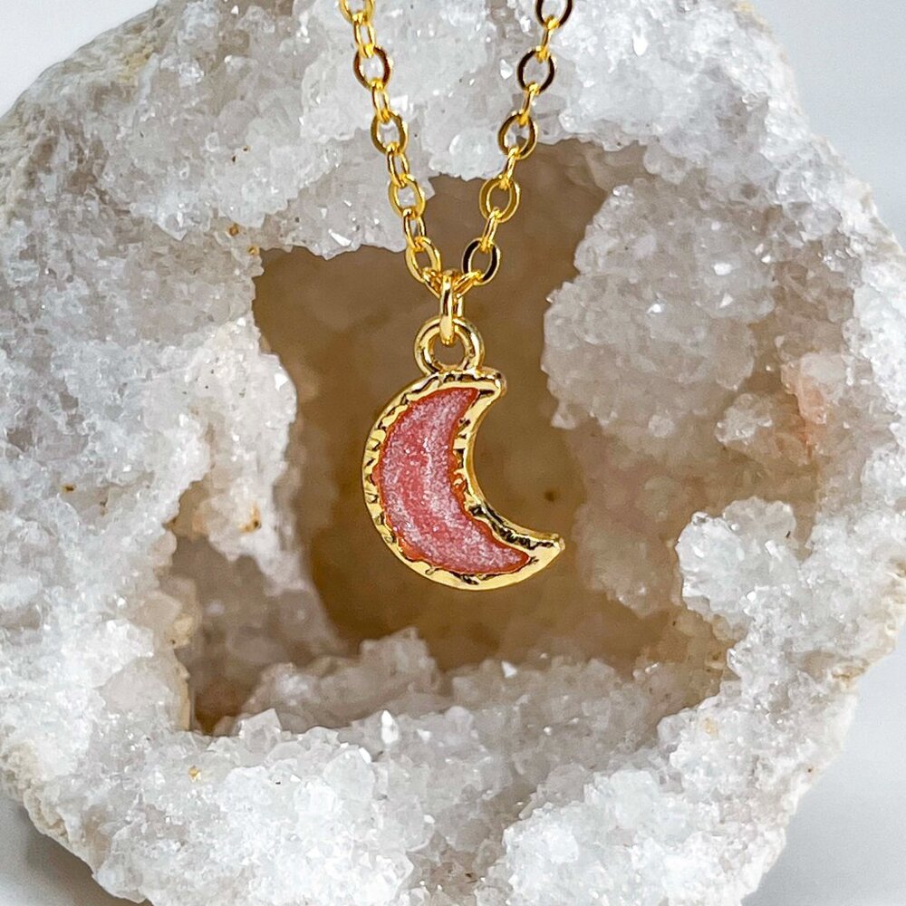 320 14k Gold Pink Glitter Resin Moon Charm Handmade Pendant Necklace 13$